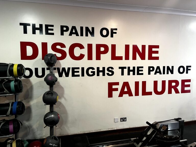 'the pain of discipline outweighs the pain of failure' adorning the wall in the gym at atlantis gym in tiptree essex